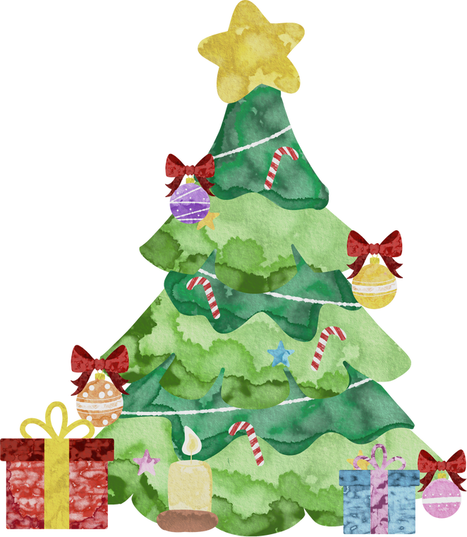 Christmas tree with gift and decoration in watercolor painting paper style